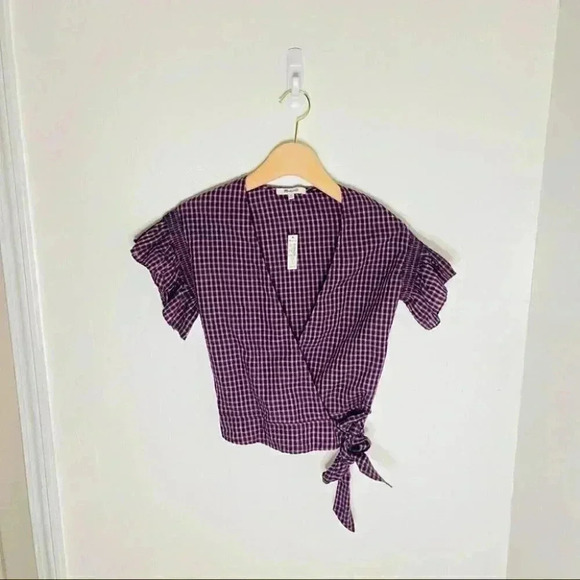 NWT Madewell Flutter Sleeve Side Tie Wrap Top Plaid - Picture 2 of 8